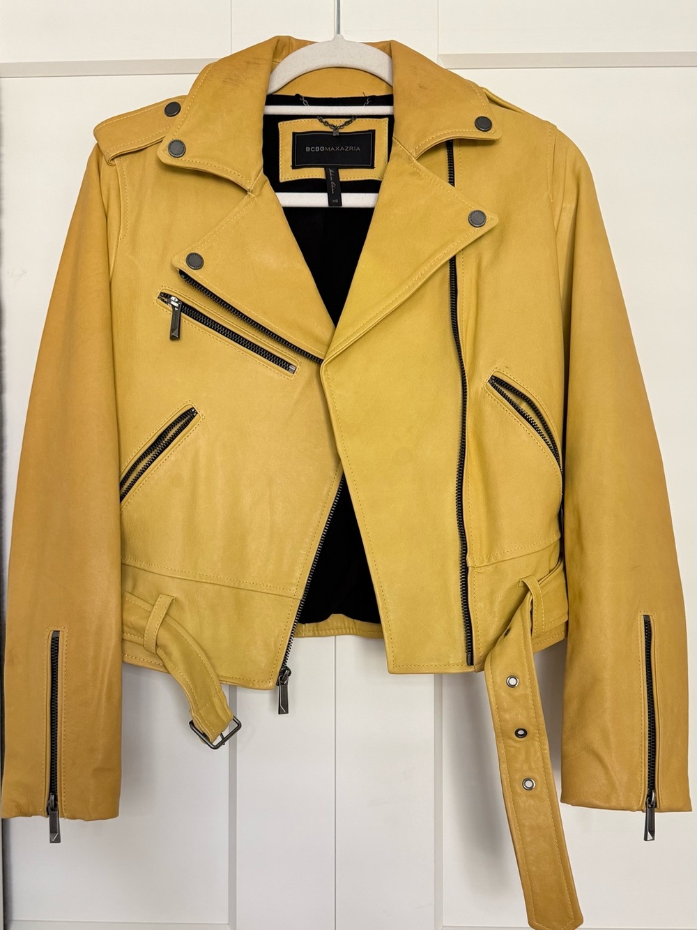 BCBGMAXAZRIA vintage Yellow Leather Moto Jacket